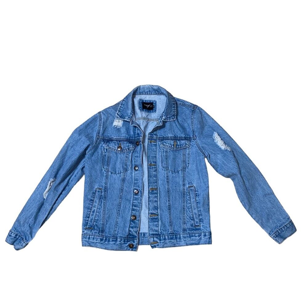 Forever 21 Men Lightwash Distressed Denim Jean Jacket with pockets size small